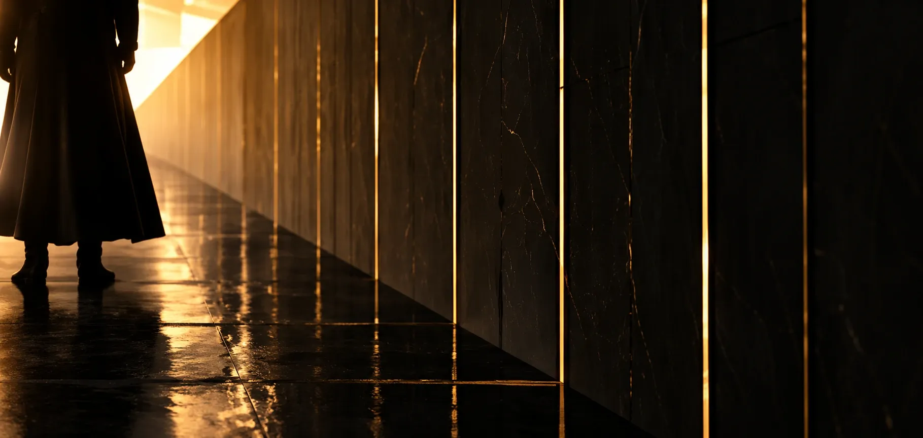 A cloaked figure standing in a golden-lit stone corridor
